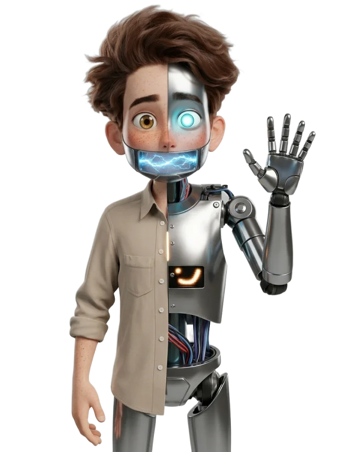 Chip, the half-boy half-machine companion, waving