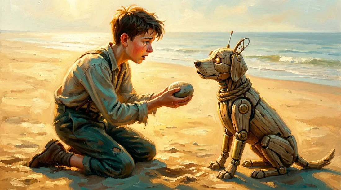 The wooden dog offering a stone to the kneeling boy on the beach