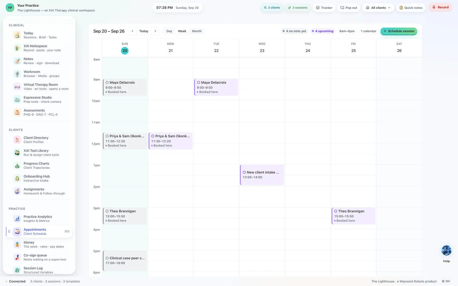 Appointments — the week, with each hour carrying the state of its note