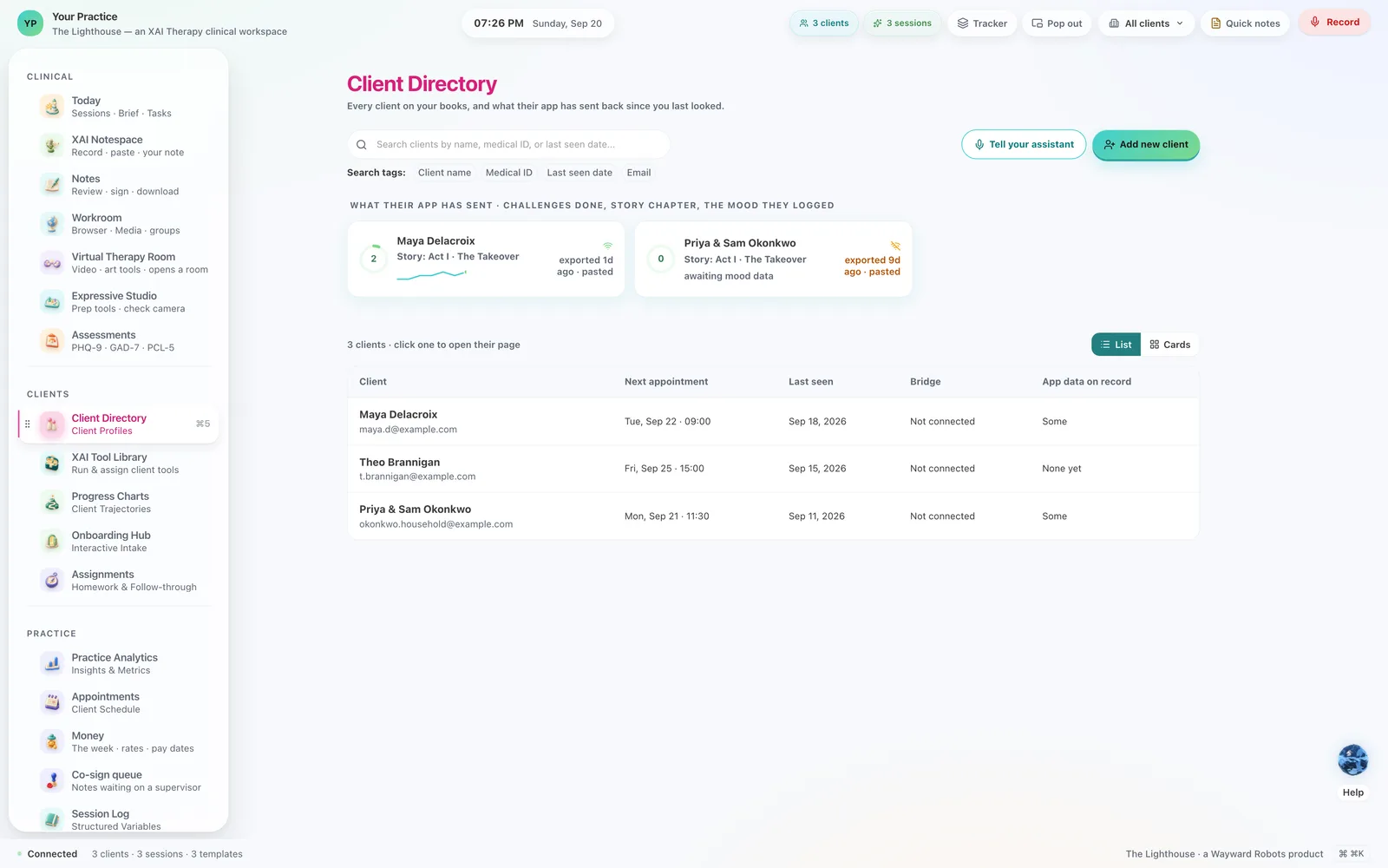Client Directory — everyone on your books, and what their app has sent since you last looked