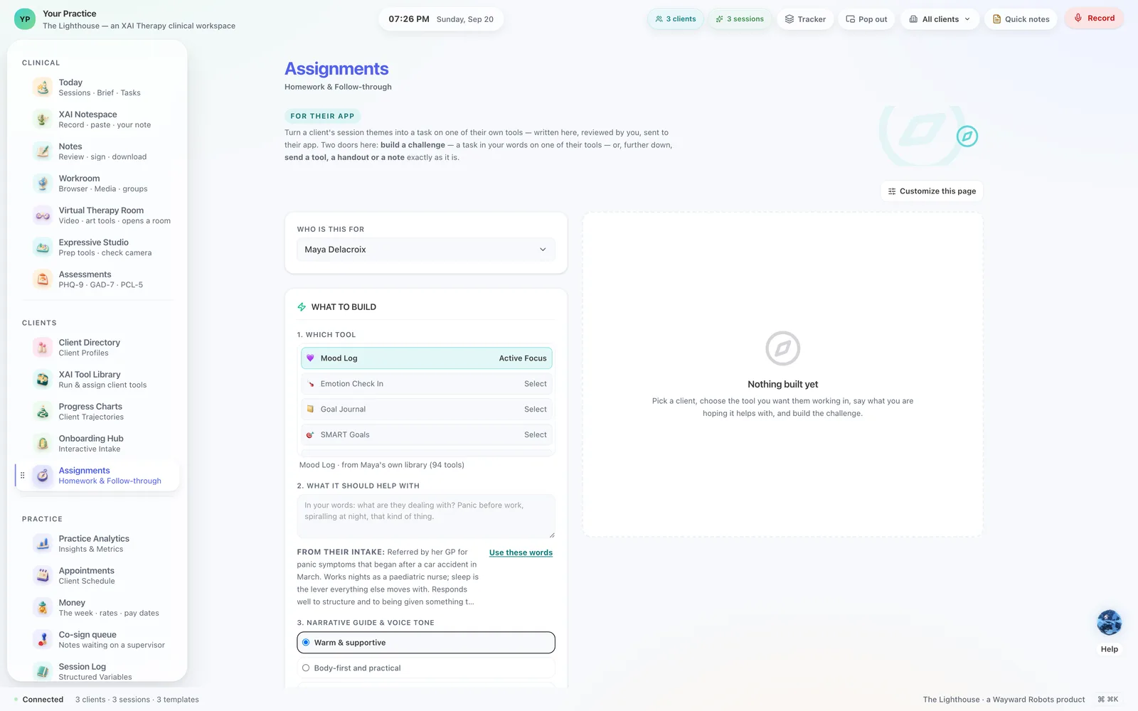 Assignments — choose the client, choose the tool, say what it is for, and it lands on their phone