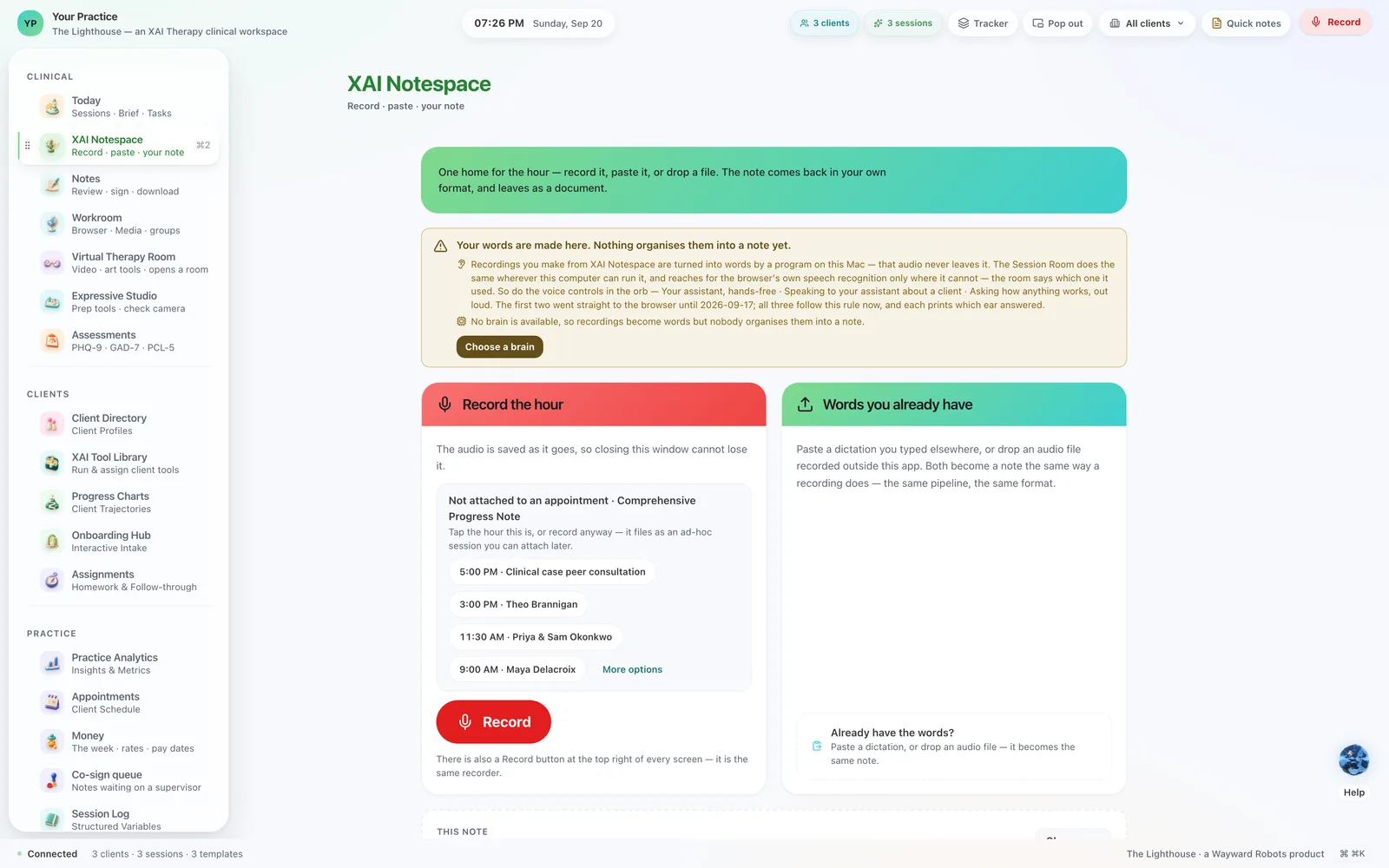 The Notespace — one home for the hour: record it, paste it, or drop a file, and the note comes back in your own format