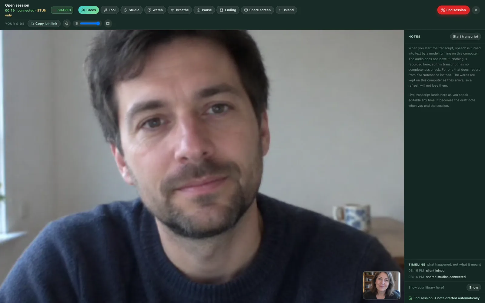 A live session — the client on camera, the therapist in the corner, and the timeline recording that the client joined and the shared studios connected