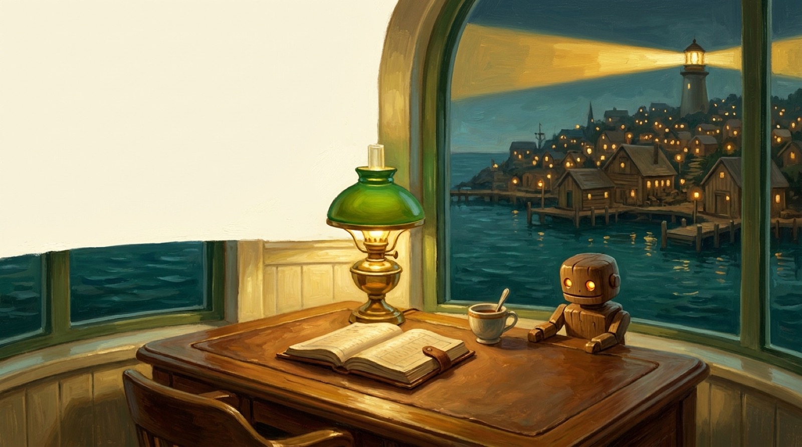 A lighthouse keeper's room at dusk: an open ledger and a green-shaded brass lamp on a wooden desk, a small hand-made wooden robot with amber eyes waiting at the desk's edge, and beyond the window a harbour town with every lamp lit and the great light sweeping out over the water.