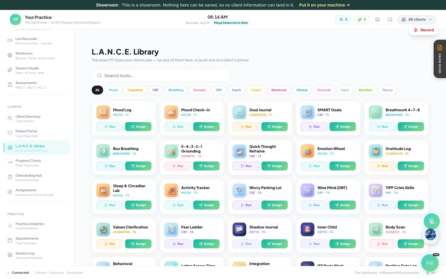 The L.A.N.C.E. Library inside the workspace: the ninety-seven client tools in a searchable grid, each with a Run button and an Assign button