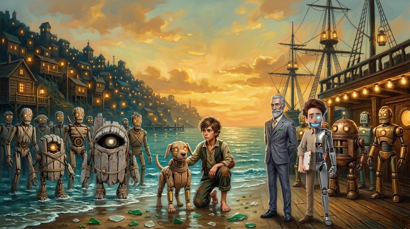 A warm evening on the island shore: the boy kneeling with his wooden driftwood dog, the driftwood Jumble crew wading in the shallows, and on the dock L.A.N.C.E. &mdash; the silver-bearded keeper &mdash; beside the Intern with his clipboard, the lantern-lit ship and the harbour town glowing behind them.