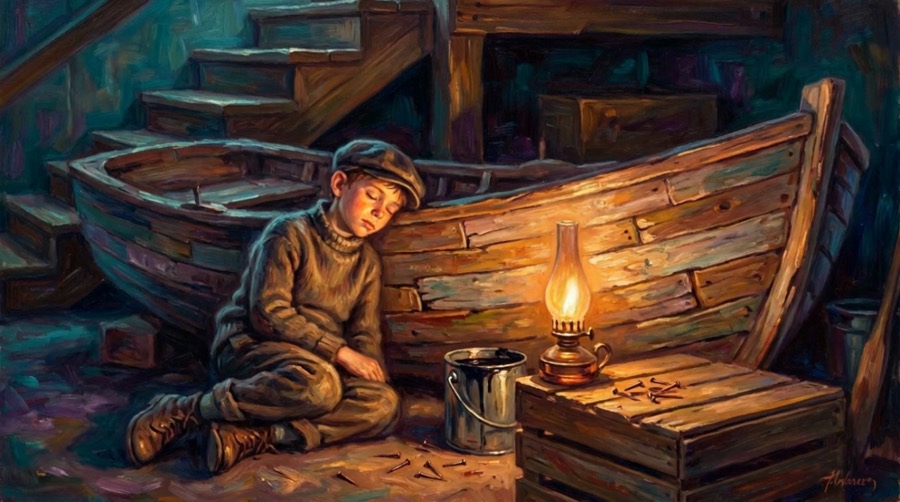 Fourteen driftwood boards, tar off the roof, and a sail made from a flour sack. He was eleven years old.