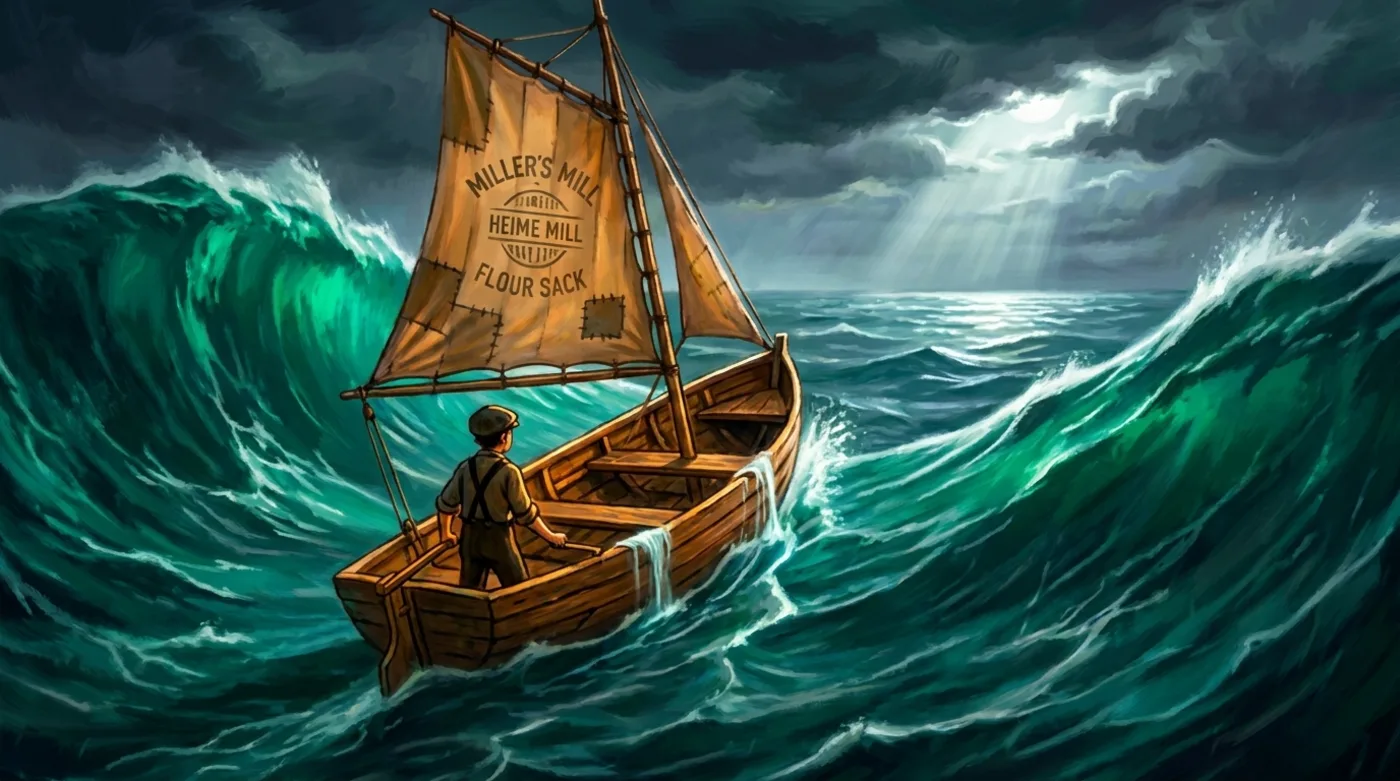 A painted crossing: a small boat built from driftwood on an empty sea, under a storm sky.