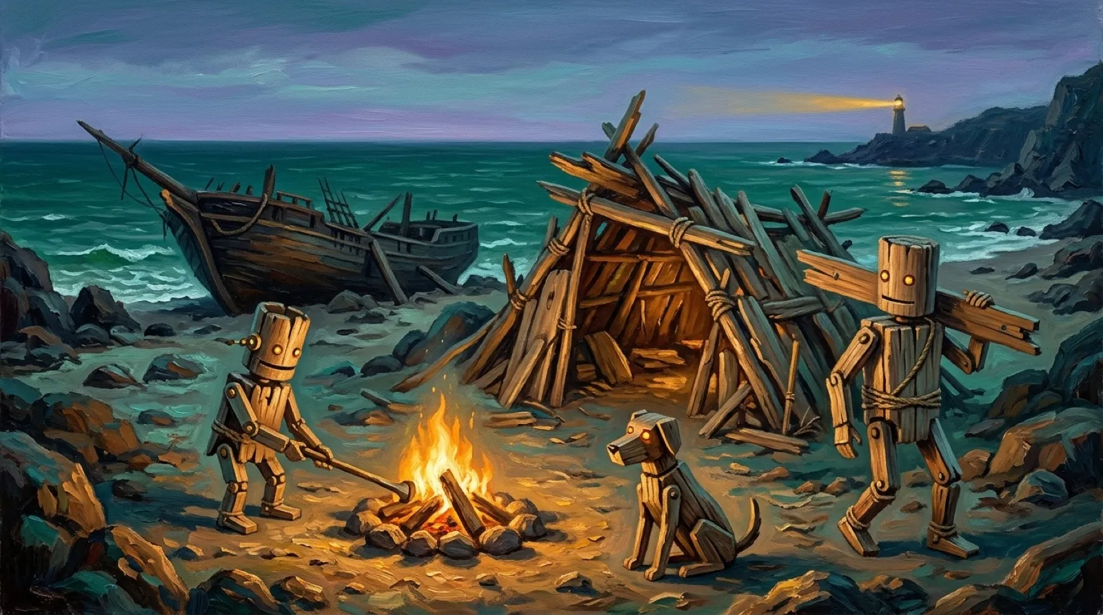 Driftwood: a family's shipwrecked camp at dusk, a fire circle on the sand.