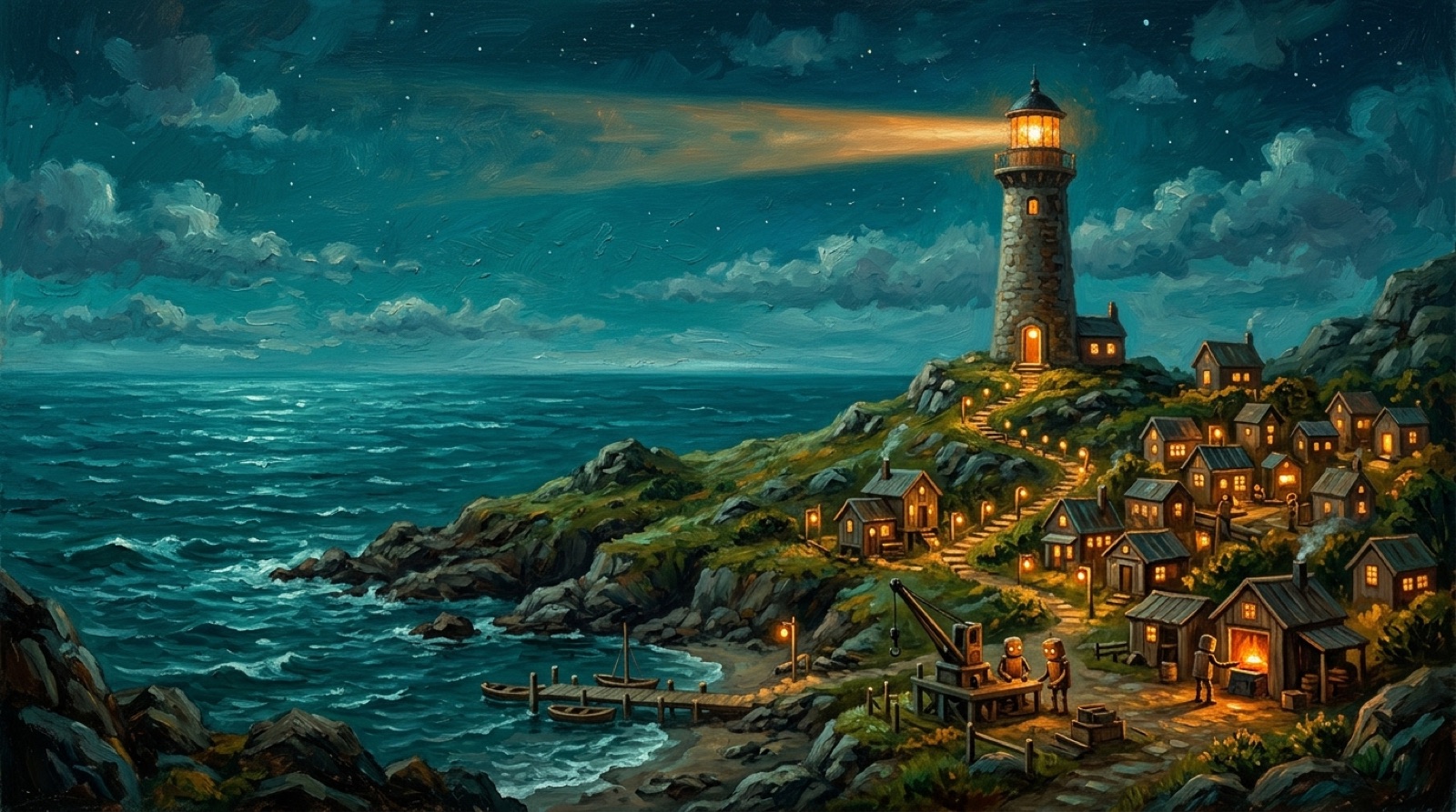 The lighthouse on the island at night, its lamp lit and its beam sweeping the sea, with dozens of small lantern-lit workshops glowing down the hillside below it and a path of lanterns climbing from the shore to the door.
