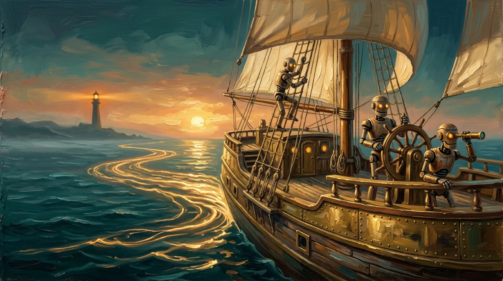 The recovery voyage: a brass ship at anchor under a wide sky, its wake glowing.
